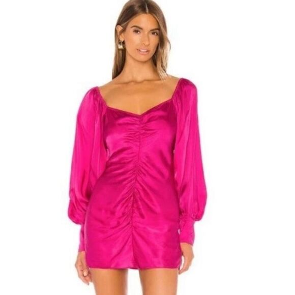 NWT Rococo Sand Hot Pink Barbiecore Satin Ruched Poppy Mini Dress Large - Picture 1 of 16